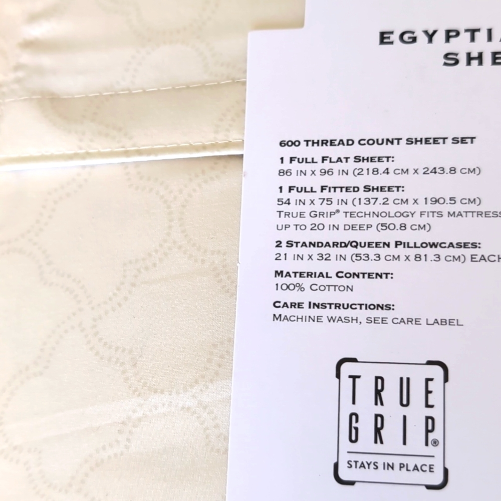 Egyptian Cotton Full Sheet Set 600 Thread Count Cream Ogee Print Hotel Style